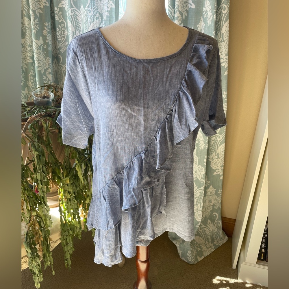 Sacred Threads blue ruffle tapered boho top